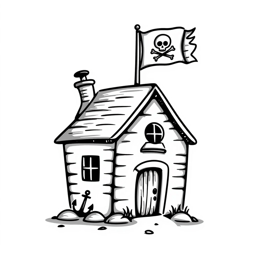 old pirate's house with skull flag emoji