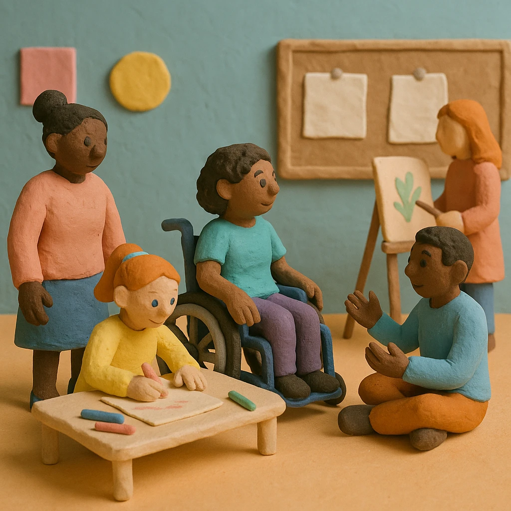 claymation style inclusive activity space with pastel colors, visible texture, and diverse people emoji