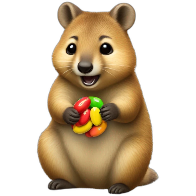 a cute quokka eating an M&M emoji