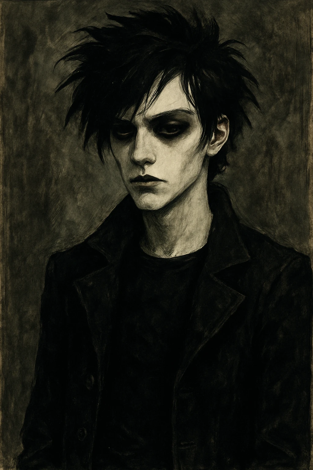 goth boy, black clothes, pale skin, moody expression, dark hair, stylized emoji