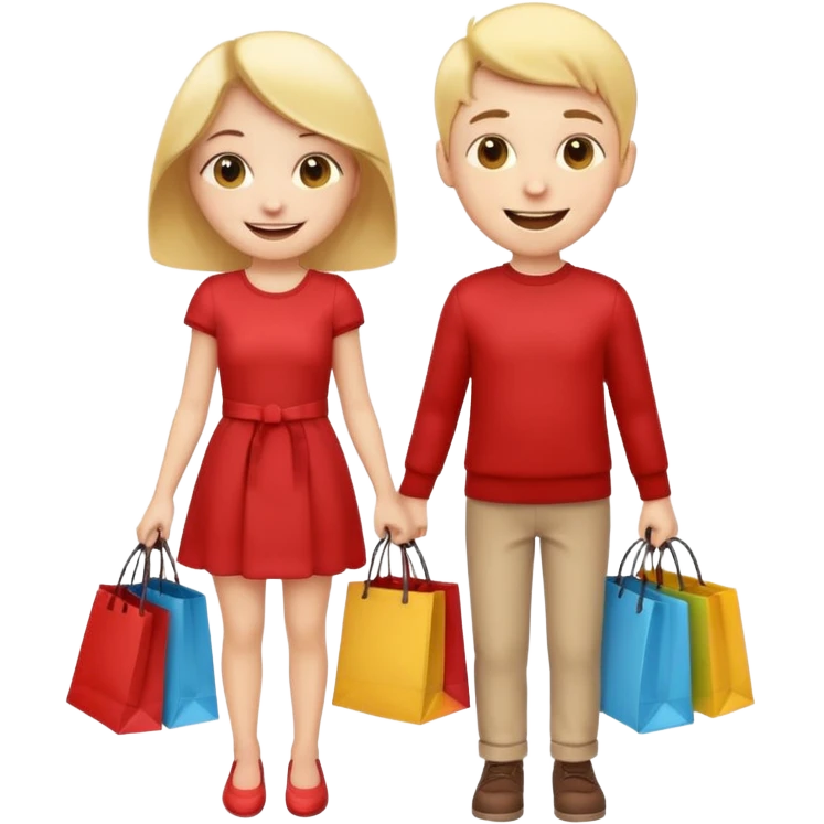 HAPPY SMILEY FACE EMOJI BOY AND GIRL WITH HANDS AND FEET WITH SHOPPING BAGS IN EACH HAND emoji