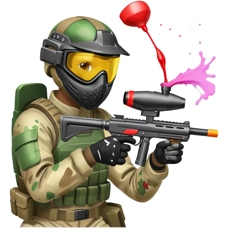 A paintball player in full gear, aiming a paintball gun with focus and determination. The scene includes vibrant splashes of paint and a dynamic battlefield setting, emphasizing action, strategy, and teamwork in a competitive environment emoji