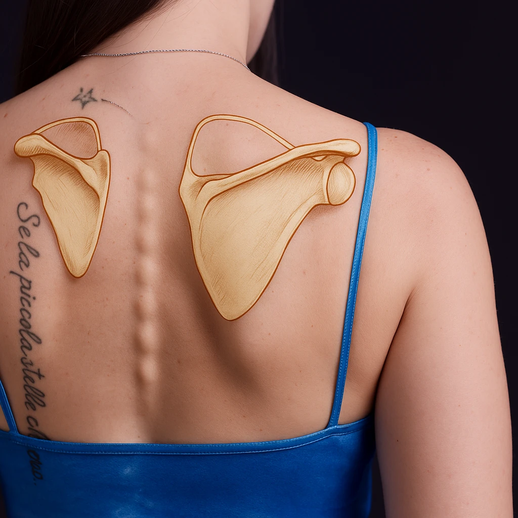 Add well-visible scapulae on the woman's back in a realistic style with a graphic overlay showing the position of the scapulae relative to the skin. The image should combine anatomical accuracy with a clear visual overlay for educational purposes. emoji