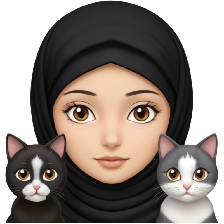 A girlhuman with brownblack eyes and black hijab. and three cats, two blackwhite and one grey cats animals  emoji
