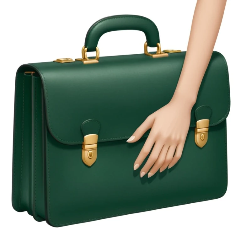 female hand with nude manicure holding dark green briefcase for papers, minimalism, side view, no emojis or faces, white background emoji