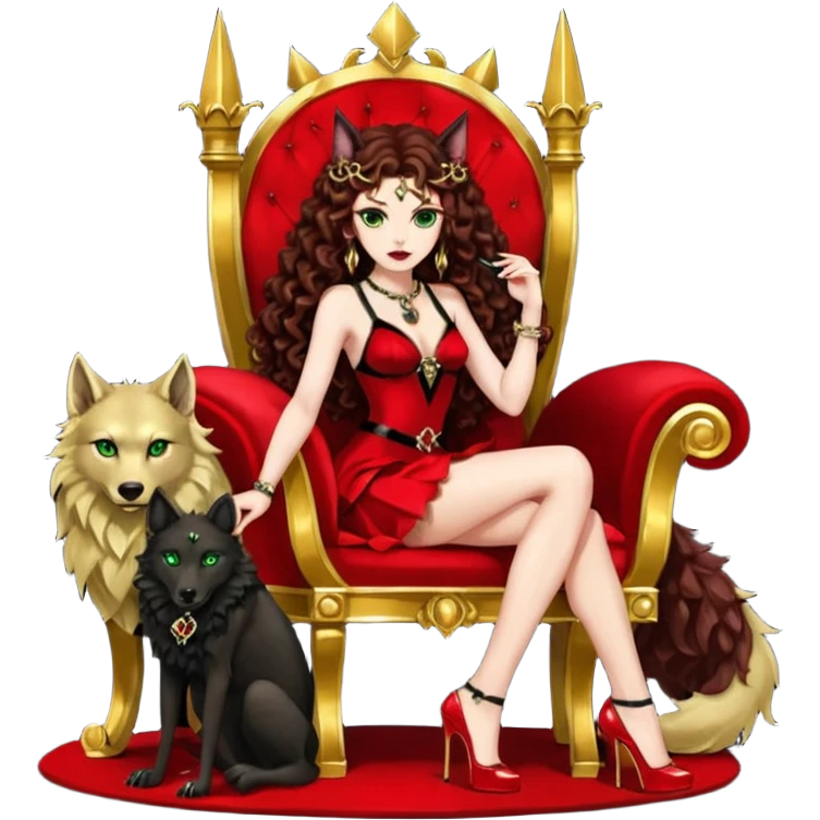 Lilith green eyes, symbol seductress evil brown curly long hair haired, sexy succubus woman with red and black Chanel dress on. A red and black stiletto platform high heel shoes on. sitting on a Black and gold throne. A large black fur wolf sitting beside her. Red rubies surround them both emoji