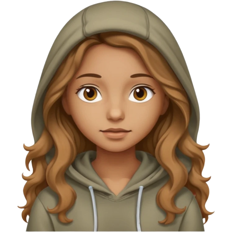 Girl with long and light brown hair and wear hoody and her hai is somethig betwwen curly and stright and her eyes is same color with her hair  emoji