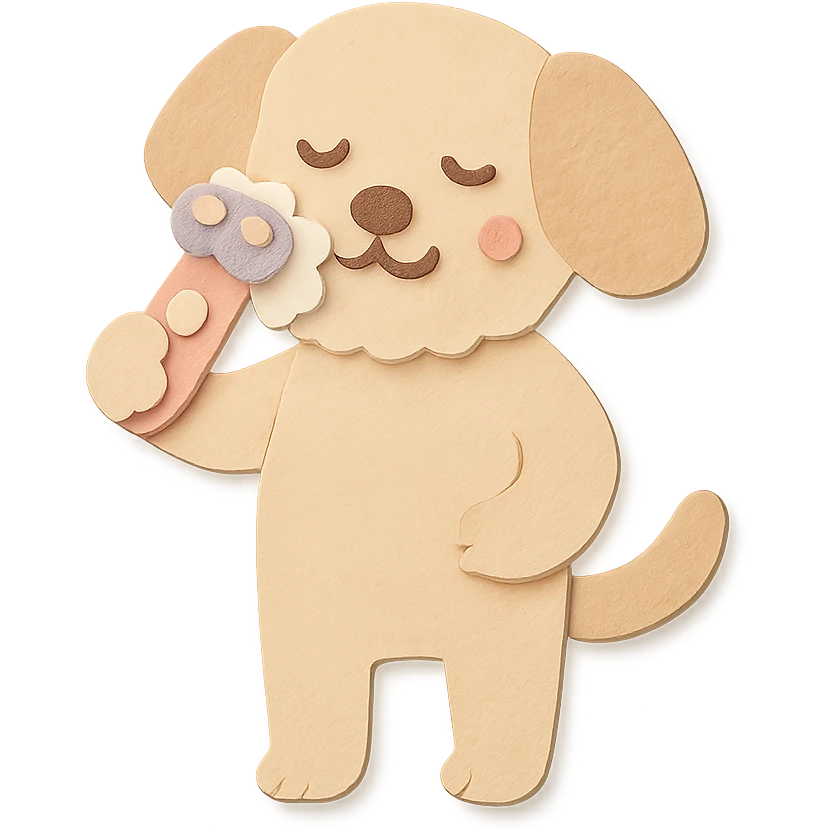 soft pastel electric shaver dog brushing its fuzzy face, creamy beige tones, full-body emoji