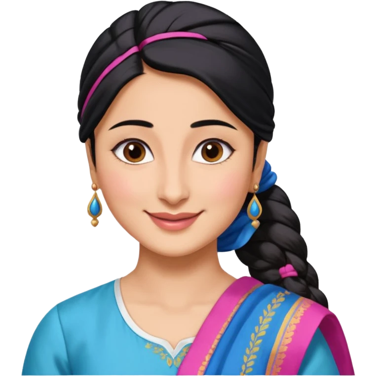 generate a pretty bratz emoji that looks like Kareena Kapoor's Geet character. 
Make her wear a white shirt with a colorful blue-pink dupatta wrapped around her neck. smiling big. Black hair tied into a side part ponytail

She should look exactly  like Kareena Kapoor emoji