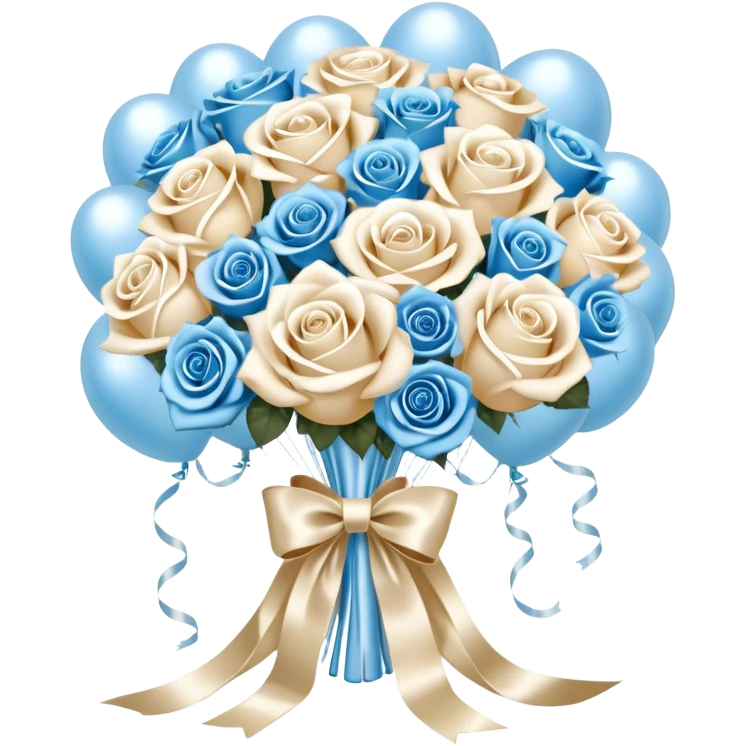 A backdrop of pearlescent ivory silk, draped like flowing water, provides the perfect setting for an exquisite bouquet of snow-white and pale blue roses, bound with a luxurious satin bow in soft beige. The ribbon’s ends curl gracefully, intertwining with delicate strands of pearls resting beside the bouquet. Above, a selection of metallic pearl balloons in warm champagne, opal white, and soft gold drifts effortlessly, their reflections creating a luminous, serene glow that enhances the timeless elegance of the scene. emoji