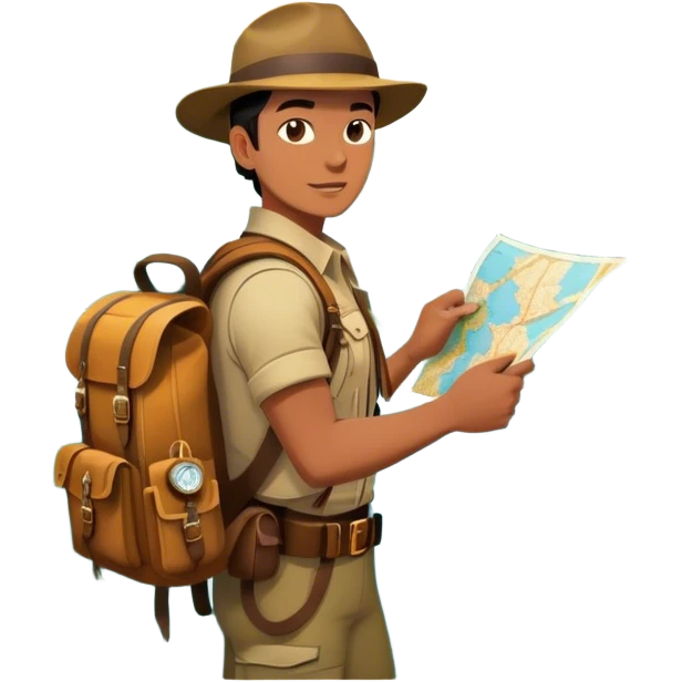 Icon for Adventure Movie: A vintage poster-style design featuring a daring explorer with a map, compass, and backpack. Include dramatic landscapes like jungles, mountains, and rivers, with a dynamic action scene. Bold, adventurous colors and a retro cinematic feel. Transparent background. emoji