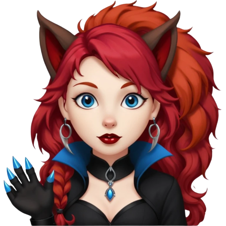  long curly red hair (darker), red pointed ears with black trim, black goth outfits, body and face human, blue eyes, more pointy chin, black lipstick, big fluffy red squirrel tail with black tips, like the attached photo with more outfits and poses,  emoji