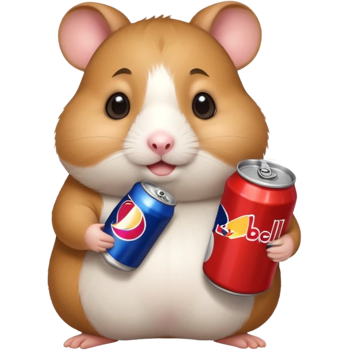 Funny cartoon-style fat hamster wide eyed with a can of redbull emoji