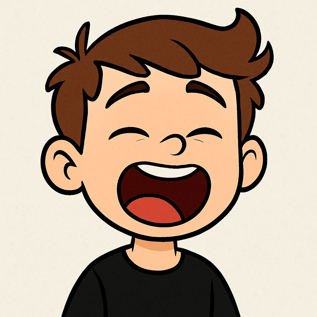 front image of a white boy with brown hair, semi-closed eyes, wide open mouth, black shirt, cartoon style, expressive face emoji