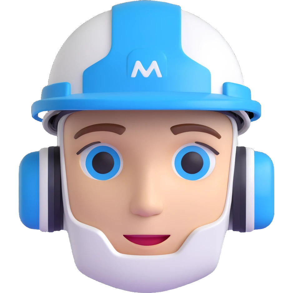 3D cartoon face of a construction AI agent, futuristic design, white and blue color scheme, construction helmet, approachable look emoji
