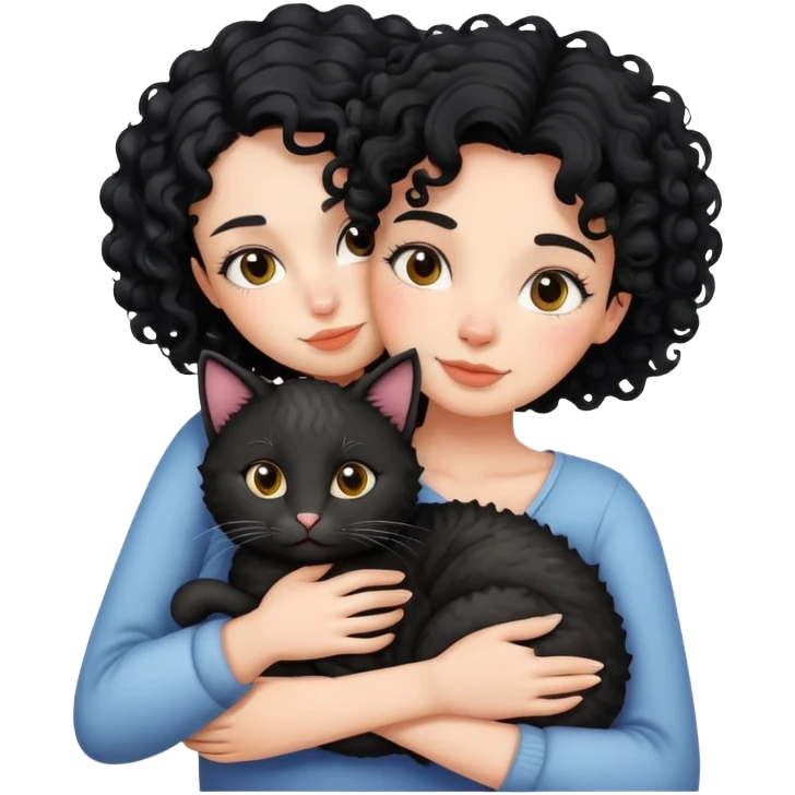 generate a woman with curly black hair huging a cat emoji