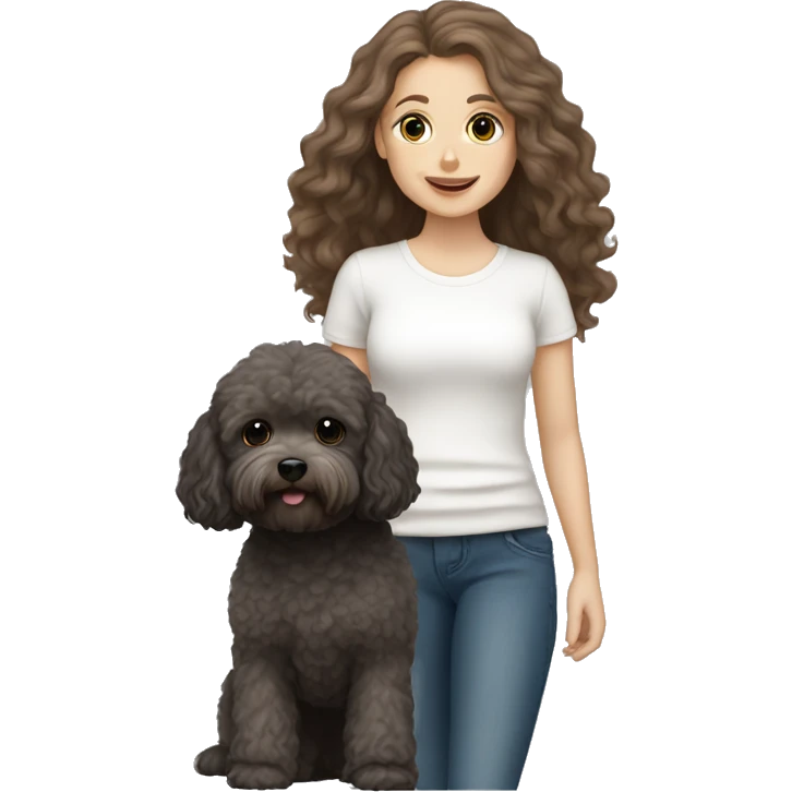 White Girl with brown long hair holding a dark gray maltipoo emoji