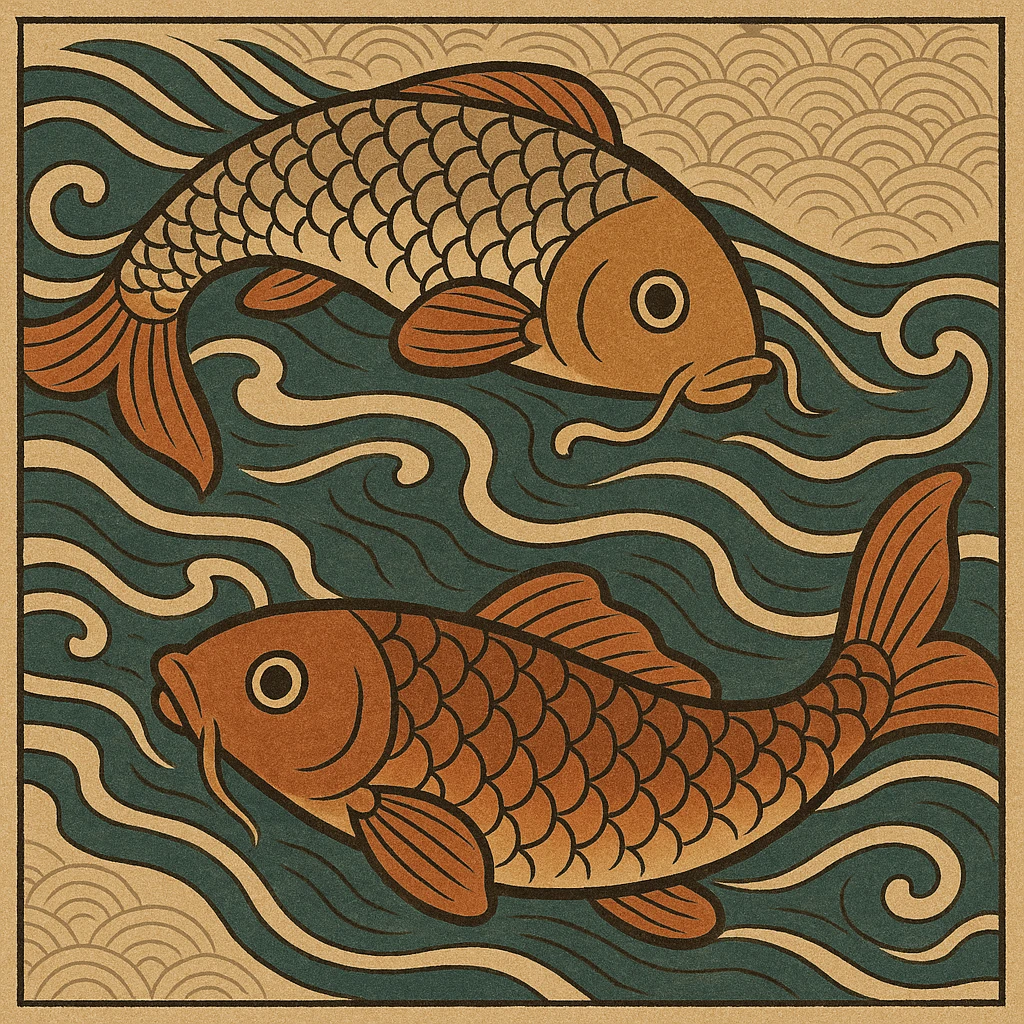koi fish swimming in water, ukiyo-e style illustration emoji