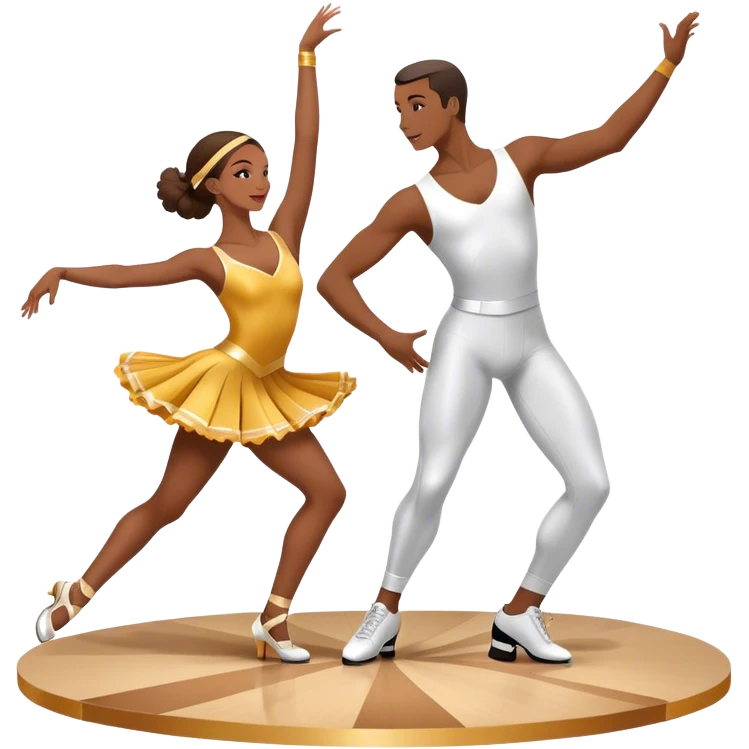 Icon for Sports Dance: a couple performing an energetic synchronized dance in competitive attire, with dance shoes, a rhythmic dance floor, and a competition backdrop. The icon should represent athleticism, technique, and precision. Transparent background. emoji