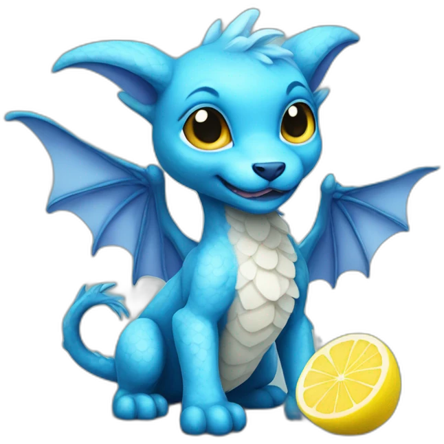 Blue dragon puppy with wings holding a lemon emoji