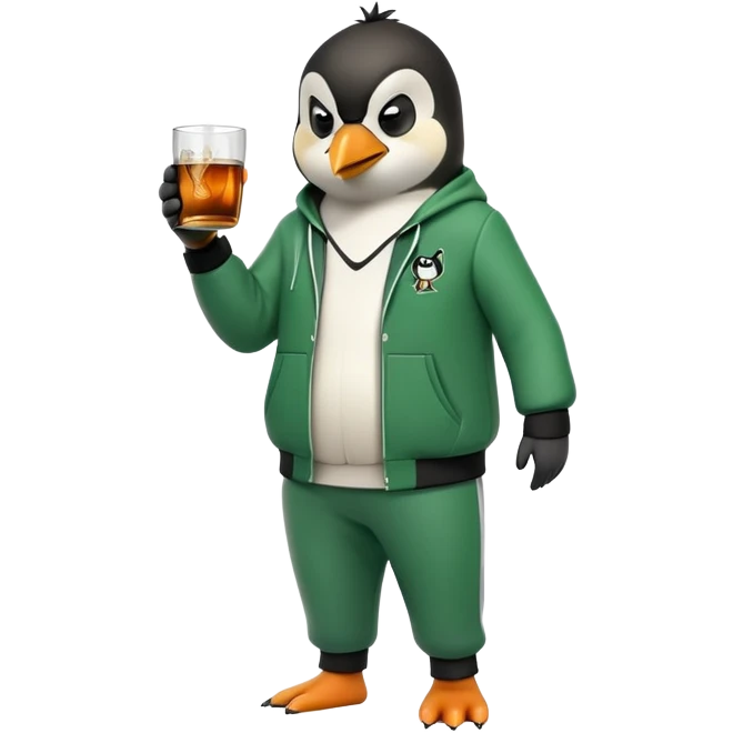 full body friendly anthropomorphised penguin wearing green mafia-style tracksuit, angry intense brooding posture, holding glass of whiskey emoji