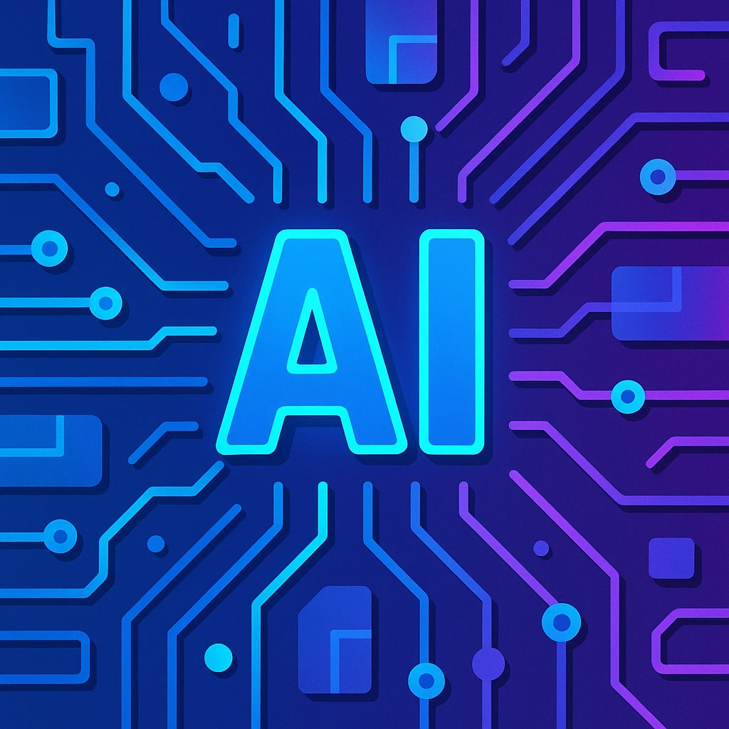 futuristic AI banner with glowing circuits, blue and purple gradients emoji