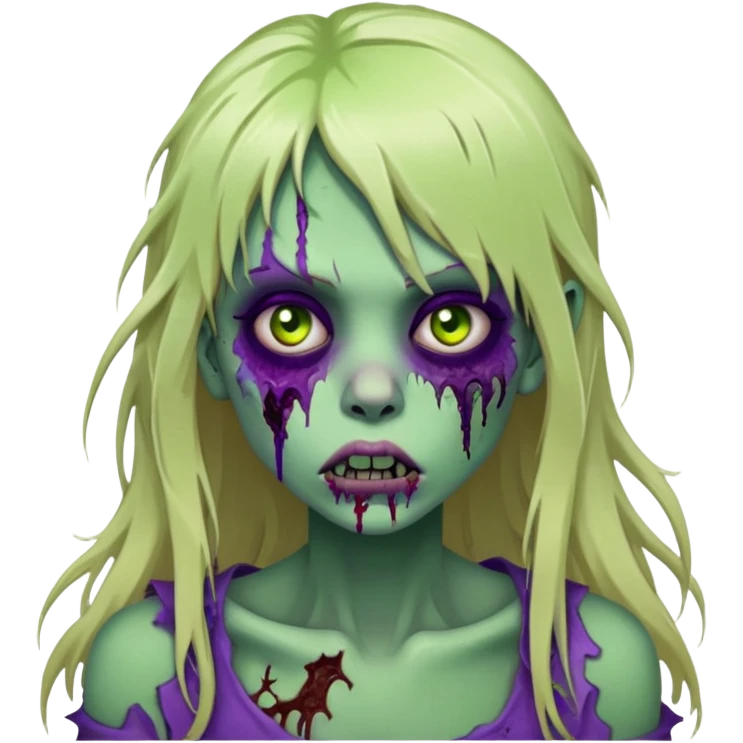 undead zombie girl with rotting green skin, purple bruises, messy long blonde hair with bangs, cracked lips emoji