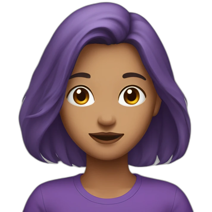 women,brown long hair,using purple tshirt, letrero hello emoji