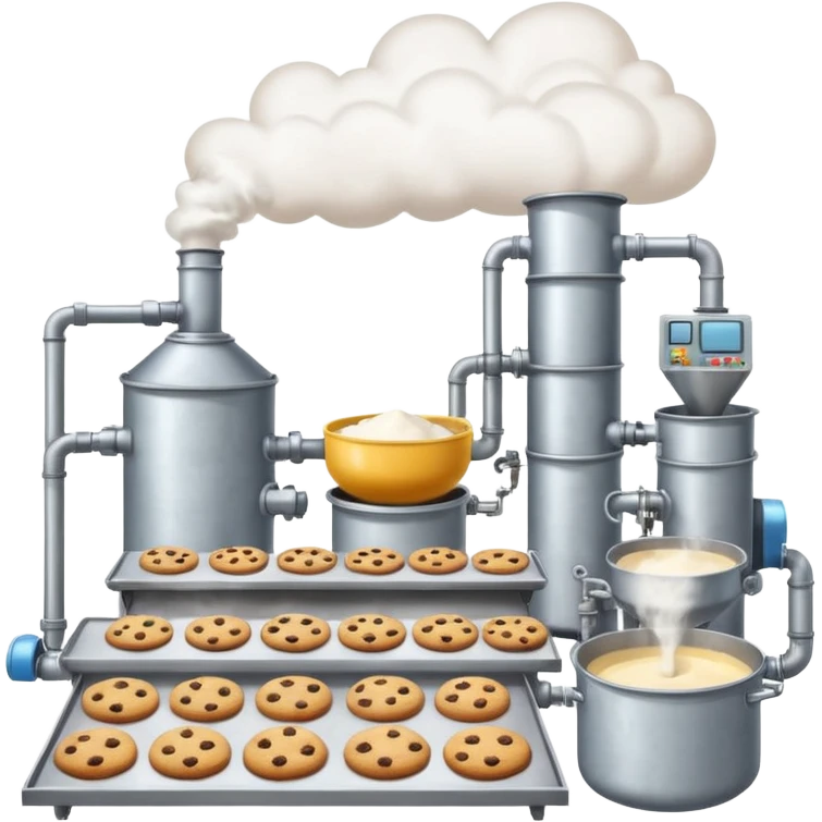 Industrial cookie factory with multiple conveyor belts, large metal mixing vats, steam clouds, animated baking action, emoji-style emoji