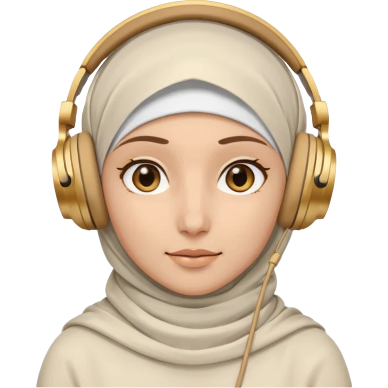 This is a cartoon-style avatar of a woman wearing a white hijab and headphones, with golden-brown eyes and a calm expression. emoji