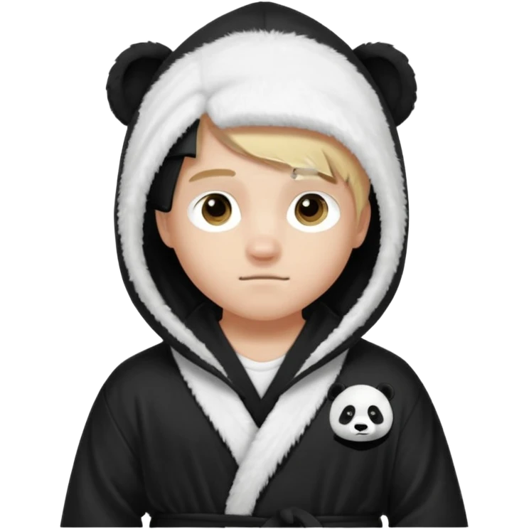 Create a blond boy with long, messy hair, light eyes, a white t-shirt, rich, with long hair, blue eyes, medium-length, voluminous hair, wearing a black Nike bathrobe and a little blush near his nose. and with a panda balaclava, but showing her hair. emoji
