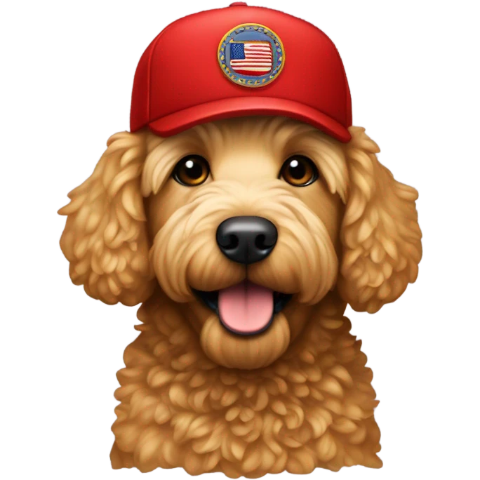 Miniature golden doodle with maga hat emoji