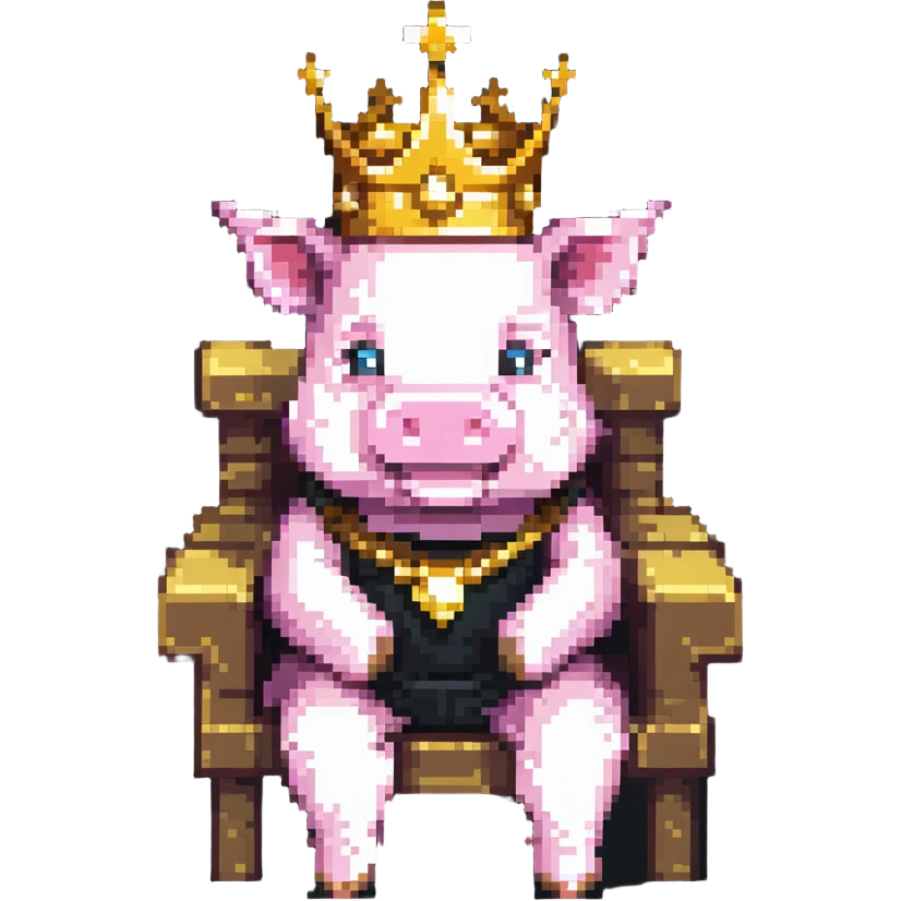 cartoon-like pixel art pig with a golden crown sitting on a throne, blocky and square like Minecraft, playful and expressive emoji