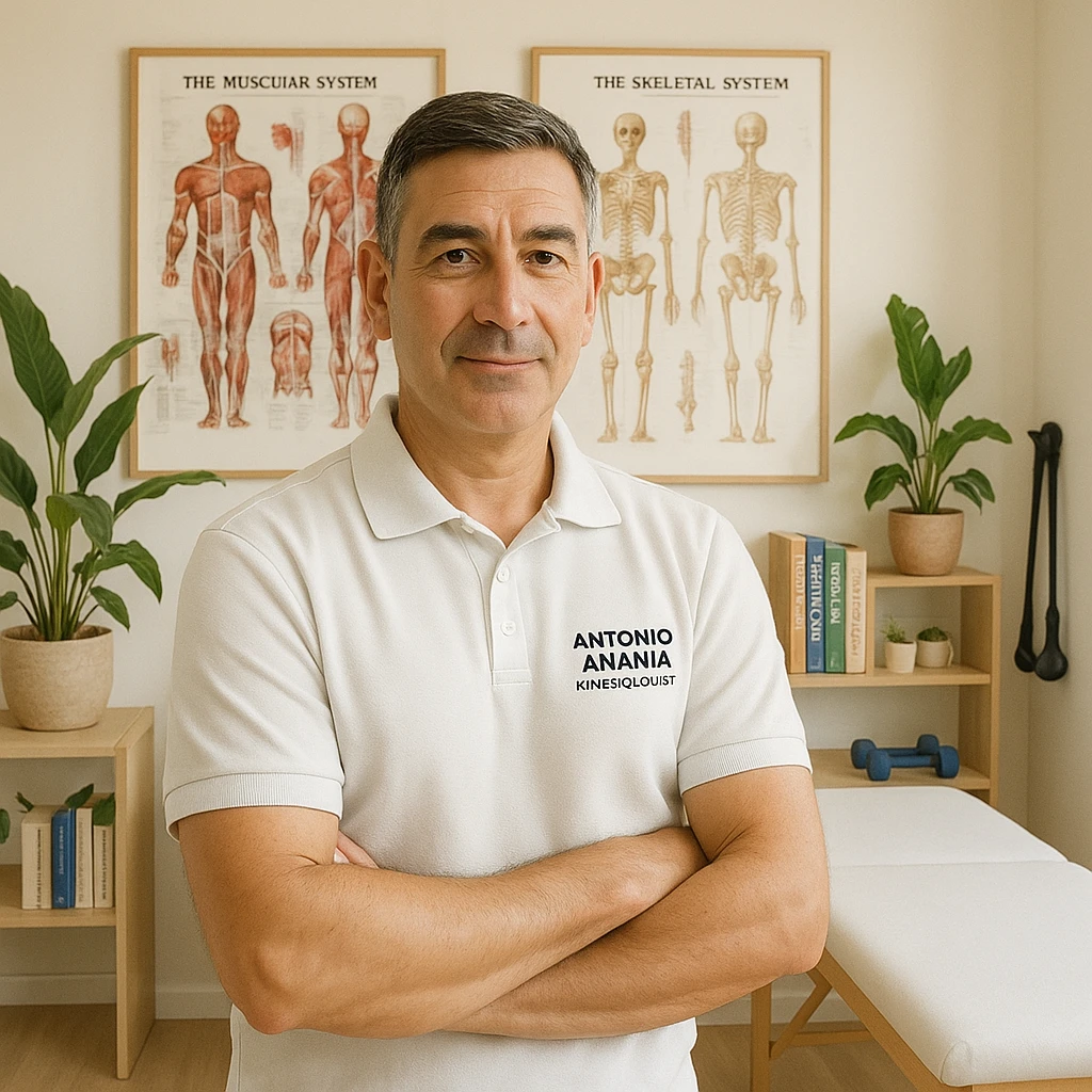 Create a photo-realistic illustration of a middle-aged male kinesiologist named Antonio Anania in his private studio. He has a calm, confident expression and wears a fitted polo shirt or lab coat. The studio is bright and minimalistic, with wooden elements, anatomical posters, and natural plants. Books on kinesiology, anatomy, and natural health are neatly displayed. A massage table and exercise equipment are in the background. The style should be clean with natural light, professional but warm atmosphere. The face and features should closely resemble the person in the reference image. emoji