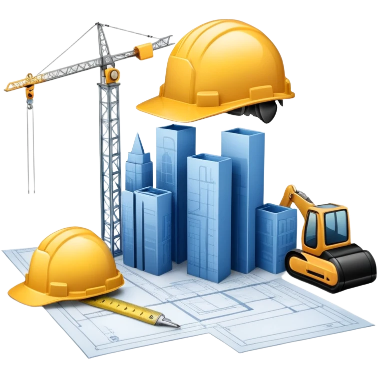 An icon featuring a blueprint, a hard hat, and a measuring tape, symbolizing architecture and construction. The design includes a building silhouette, cranes, and construction tools, representing the planning, design, and building processes. Transparent background. emoji