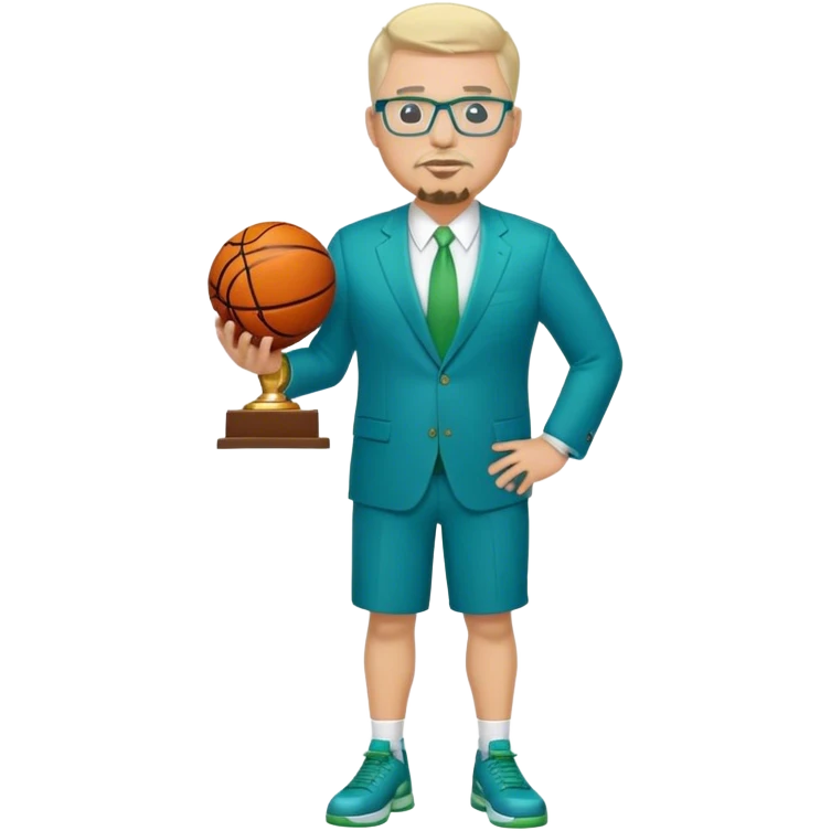 Full Body white fat male  wearing glasses with a goatee with light blonde gray very short hair basketball head Coach in blue and green suit holding trophy emoji