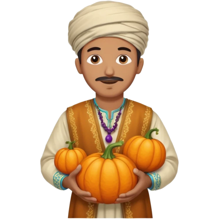 Tan Moroccan man sitting holding with pumpkin and grapes in countryside  emoji