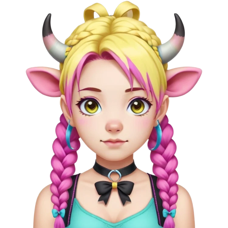 En anime-ku-jente med to rosa lange tykke fletter og cyan striper i håret, ku-horn og ku-ører, sort BH-topp over en gul cropped-fleece-blouse, lilla øyne, søt sløyfe på halsen  emoji