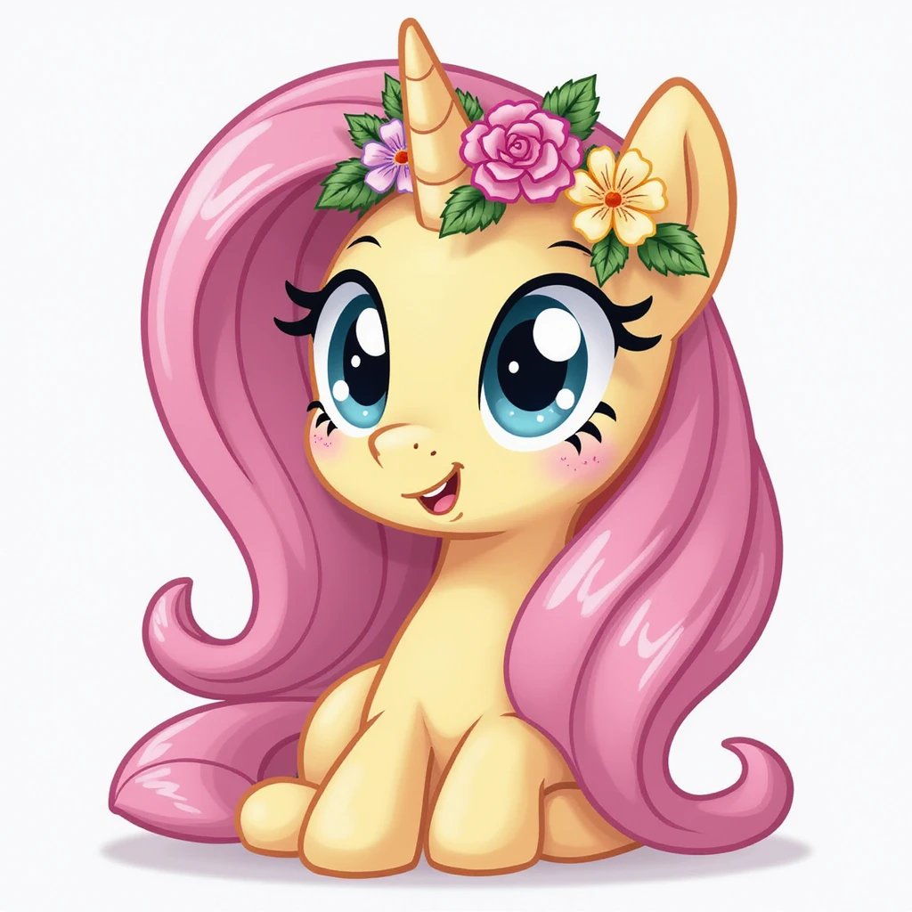 Fluttershy in a realistic style with a flower crown, no background, transparent emoji