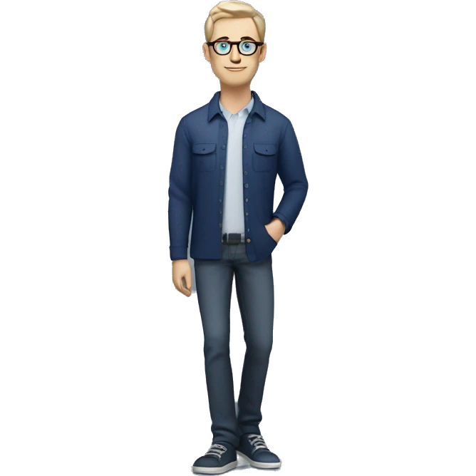 caucasian white man with dark hair, blue glasses, and carrying design plan because he is an architect and a pencil and a set model maquette. wearing a navy blue long sleeve shirt. smart.  emoji