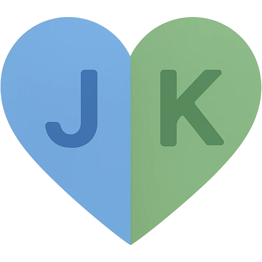 In the blue and green heart, place the letter J on the blue part and the letter K on the green part, maintaining a colorful icon style with a transparent background. emoji