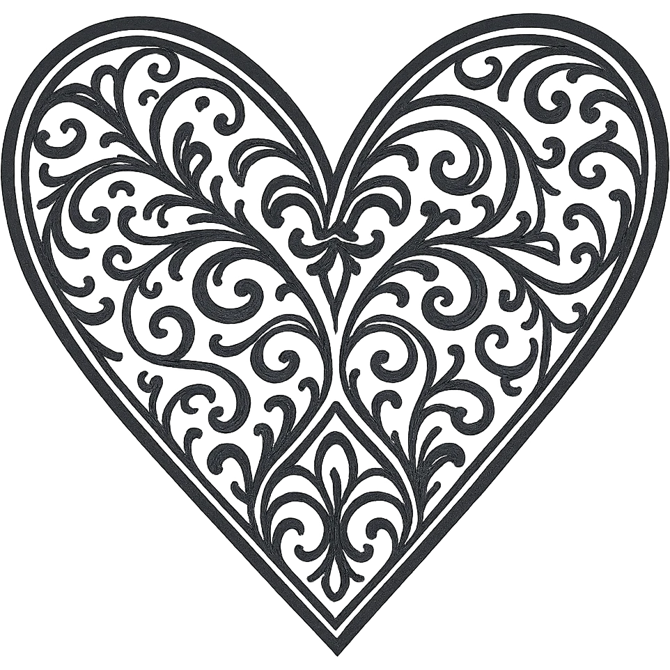 Add intricate gothic patterns to the black goth heart in a hand drawn outline style, emphasizing detailed and delicate gothic motifs within the outline. emoji