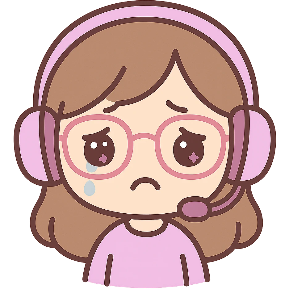 chibi style female brunette with glasses and a purple gaming headset, sad facial expression emoji