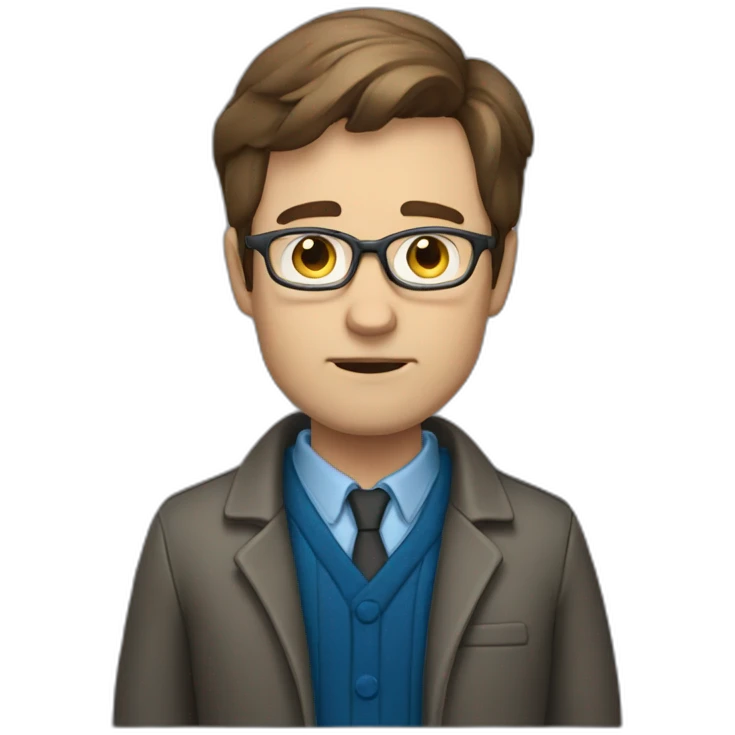 Librarian looking tired with brown hair, grey glasses, male, wearing jacket, blue eyes emoji