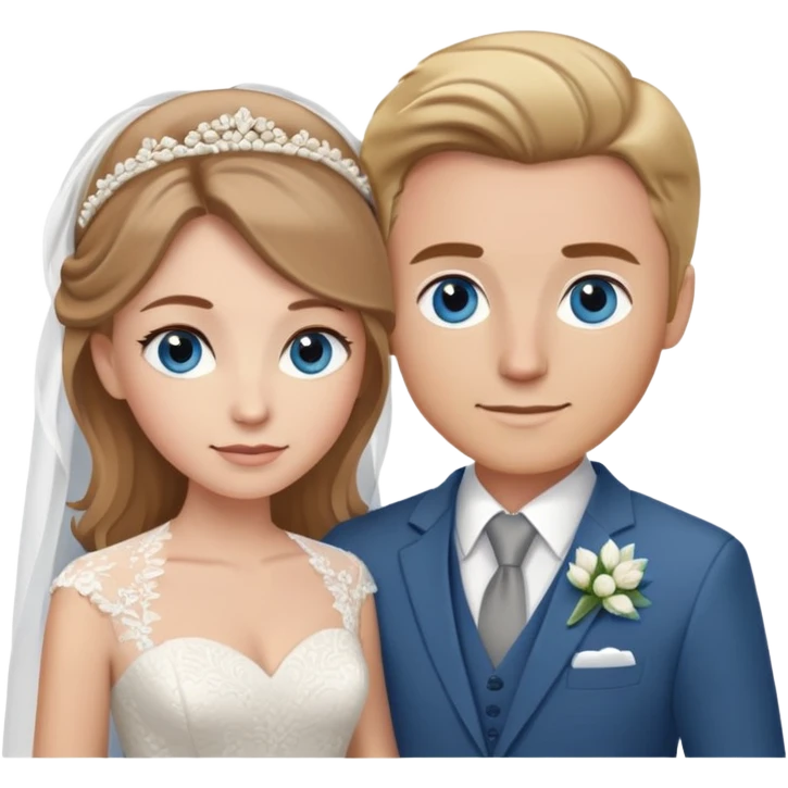 portrait of a bride with light brown hair and grey-blue eyes, and a groom with blonde hair, blue eyes, wearing a brown suit emoji