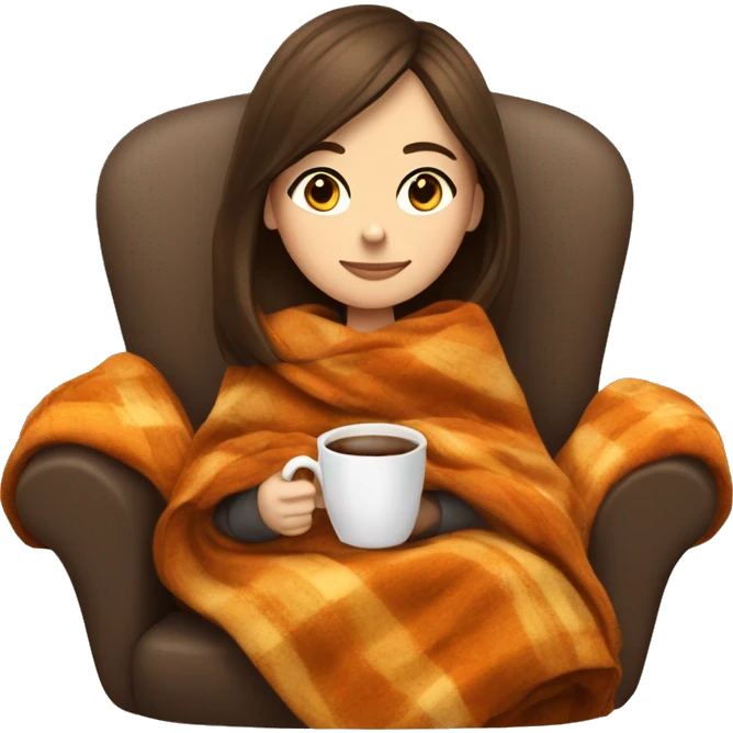 Brunette white girl covered in blanket autumn vibe sitting on a cozy chair holding coffee emoji