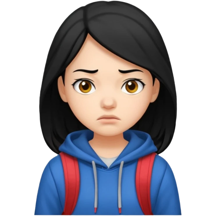 college student with annoyed face , black hair , with hoodie and backpack , girl emoji