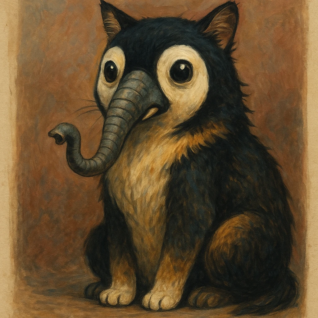 a cat with a penguin's face and an elephant's trunk, unique style emoji