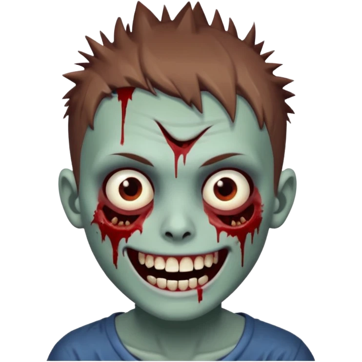 zombie boy with brown short spiky hair, white skin, and white eyes; an open smile, and bloodied teeth; emoji