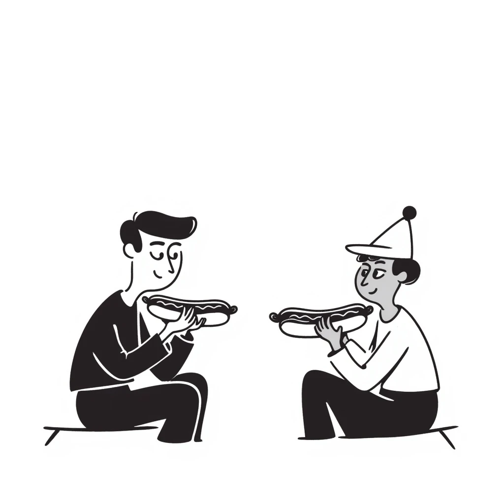 two men eating a hot dog face to face, hand drawn doodle style emoji